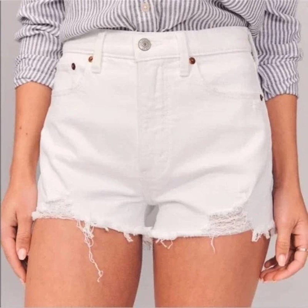 Abercrombie & Fitch The Mom High Rise Distressed Jean Denim Shorts White 4
